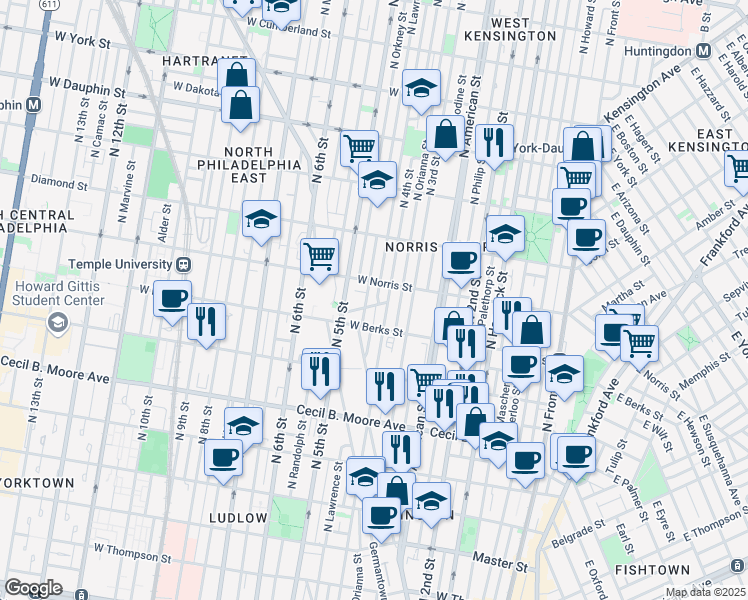 map of restaurants, bars, coffee shops, grocery stores, and more near in Philadelphia