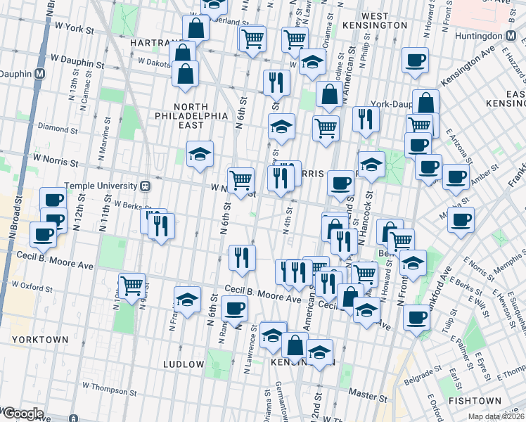 map of restaurants, bars, coffee shops, grocery stores, and more near 1937 North 5th Street in Philadelphia