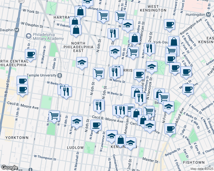 map of restaurants, bars, coffee shops, grocery stores, and more near 1937 North 5th Street in Philadelphia