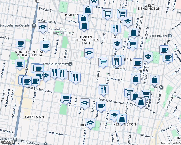 map of restaurants, bars, coffee shops, grocery stores, and more near 1930 North Marshall Street in Philadelphia