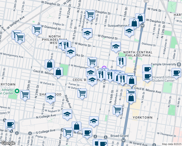 map of restaurants, bars, coffee shops, grocery stores, and more near 1830 West Montgomery Avenue in Philadelphia