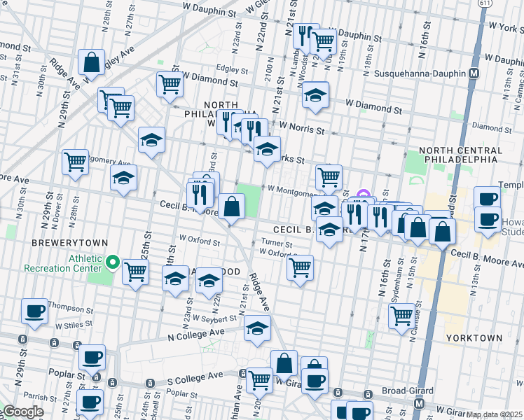 map of restaurants, bars, coffee shops, grocery stores, and more near 1723 North 21st Street in Philadelphia