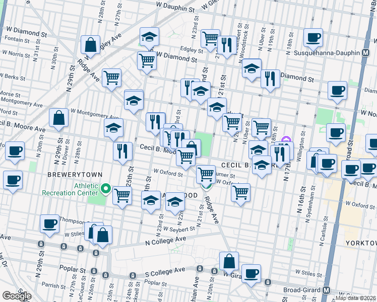 map of restaurants, bars, coffee shops, grocery stores, and more near in Philadelphia