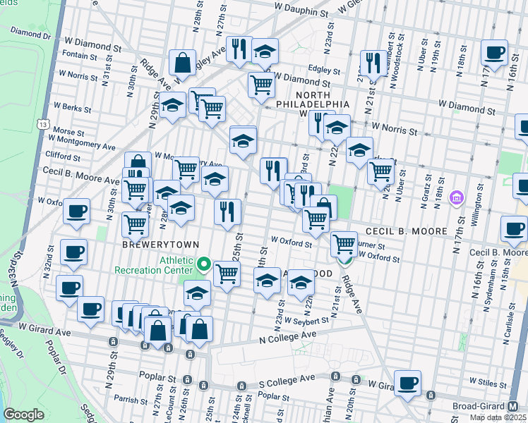 map of restaurants, bars, coffee shops, grocery stores, and more near 2331 Cecil B. Moore Avenue in Philadelphia