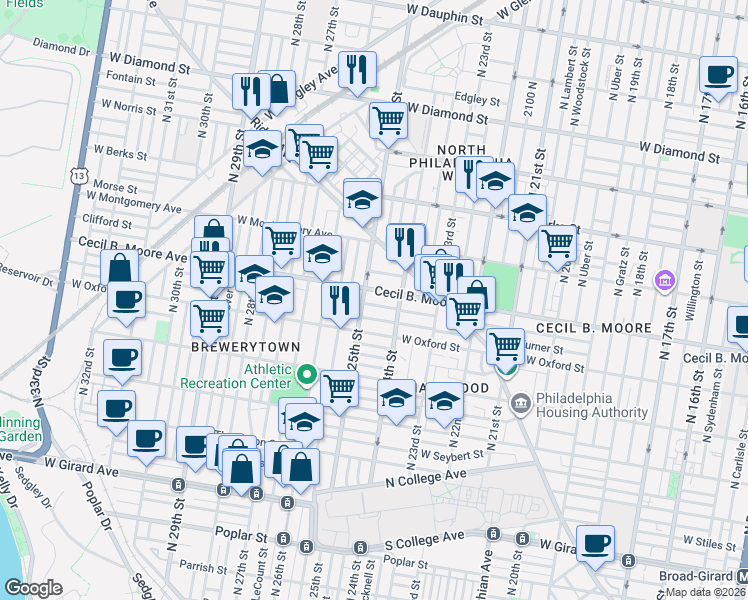 map of restaurants, bars, coffee shops, grocery stores, and more near 2447 Cecil B. Moore Avenue in Philadelphia