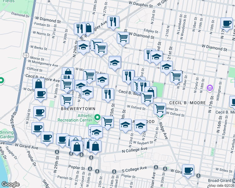 map of restaurants, bars, coffee shops, grocery stores, and more near 2447 Cecil B. Moore Avenue in Philadelphia