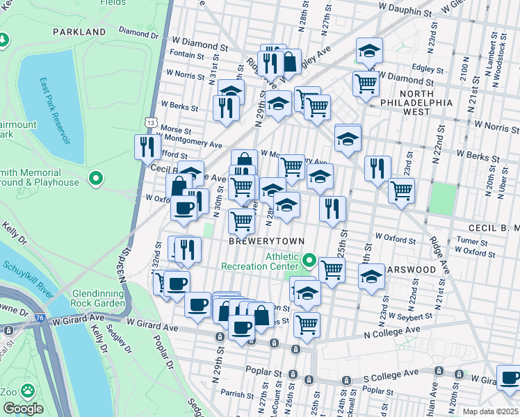 map of restaurants, bars, coffee shops, grocery stores, and more near 1610 North Newkirk Street in Philadelphia