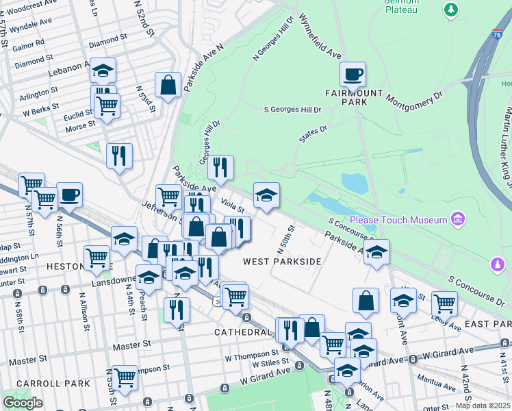 map of restaurants, bars, coffee shops, grocery stores, and more near 5126 Parkside Avenue in Philadelphia