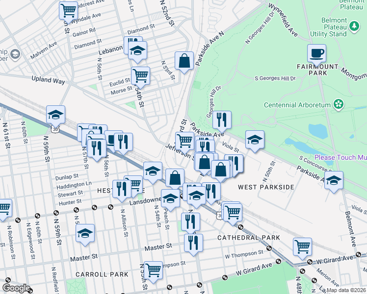 map of restaurants, bars, coffee shops, grocery stores, and more near 1700-22 North 53rd Street in Philadelphia