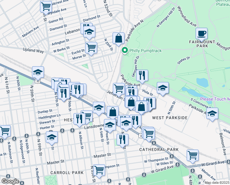 map of restaurants, bars, coffee shops, grocery stores, and more near 1700-22 North 53rd Street in Philadelphia