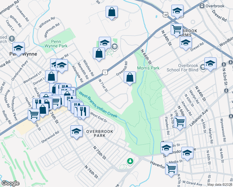 map of restaurants, bars, coffee shops, grocery stores, and more near 7054 Sherwood Road in Philadelphia