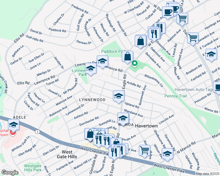 map of restaurants, bars, coffee shops, grocery stores, and more near 1329 Virginia Avenue in Havertown