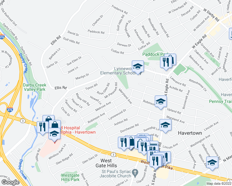 map of restaurants, bars, coffee shops, grocery stores, and more near 1622 Mount Pleasant Road in Havertown