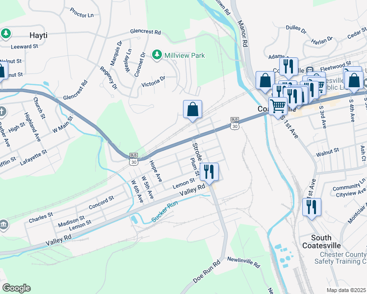 map of restaurants, bars, coffee shops, grocery stores, and more near 355 West Lincoln Highway in Coatesville