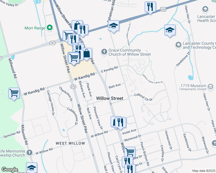 map of restaurants, bars, coffee shops, grocery stores, and more near 2711 Willow Street Pike in Willow Street