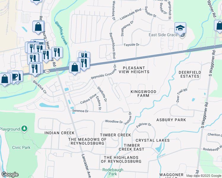 map of restaurants, bars, coffee shops, grocery stores, and more near 131 Sandrala Drive in Reynoldsburg