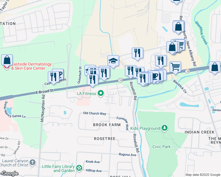map of restaurants, bars, coffee shops, grocery stores, and more near 6645 East Broad Street in Reynoldsburg