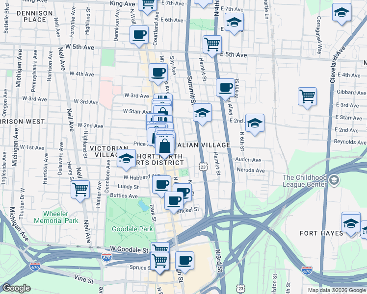 map of restaurants, bars, coffee shops, grocery stores, and more near 92 East 1st Avenue in Columbus