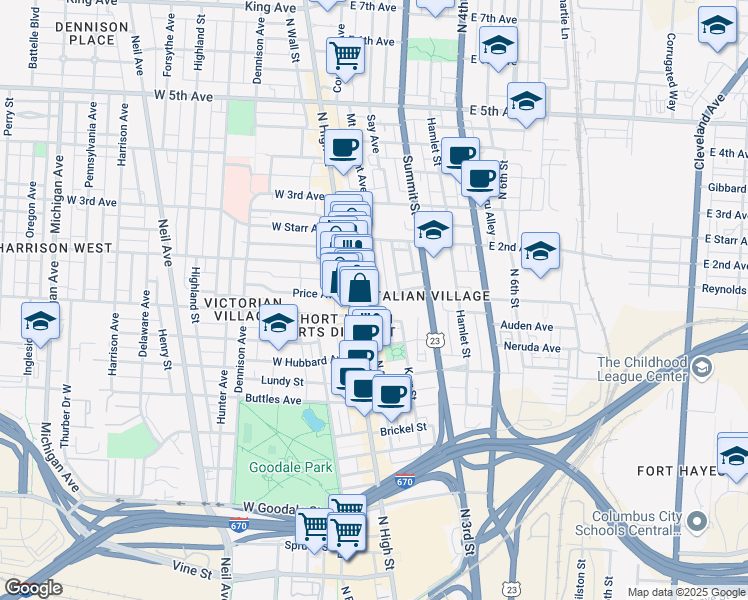map of restaurants, bars, coffee shops, grocery stores, and more near 92 East 1st Avenue in Columbus