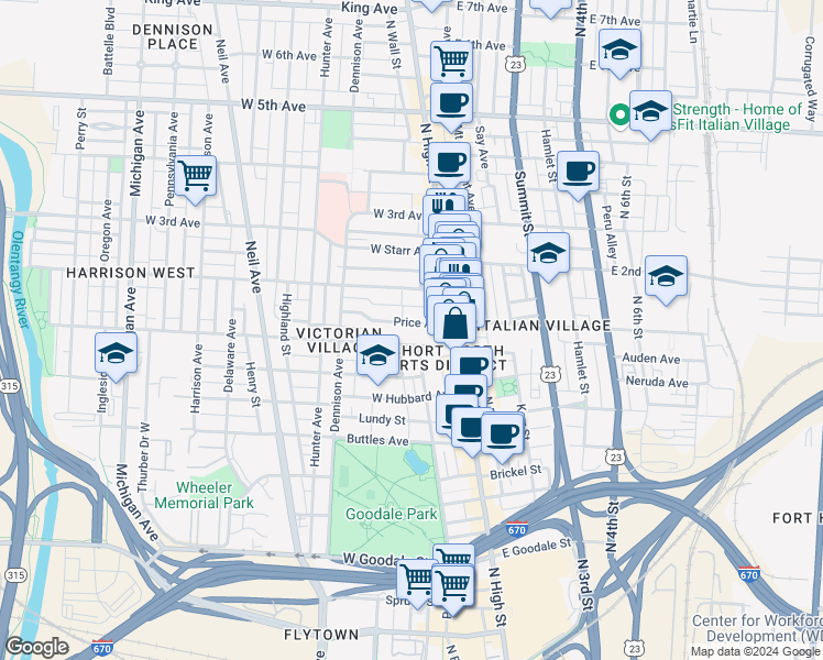 map of restaurants, bars, coffee shops, grocery stores, and more near 40 Price Avenue in Columbus