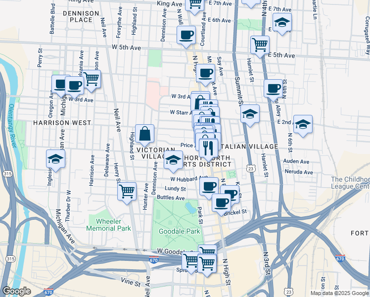map of restaurants, bars, coffee shops, grocery stores, and more near 98 Price Avenue in Columbus