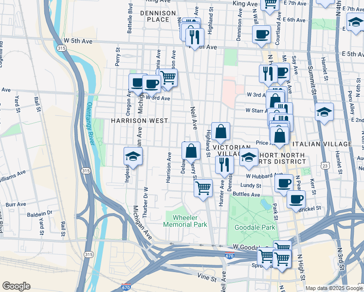 map of restaurants, bars, coffee shops, grocery stores, and more near 956 Delaware Avenue in Columbus