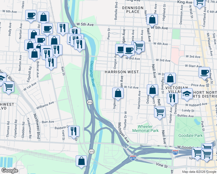 map of restaurants, bars, coffee shops, grocery stores, and more near 990 Perry Street in Columbus