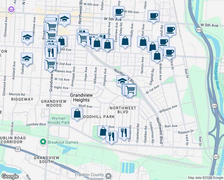 map of restaurants, bars, coffee shops, grocery stores, and more near 1208 West 1st Avenue in Columbus