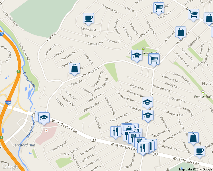 map of restaurants, bars, coffee shops, grocery stores, and more near 1622 Mount Pleasant Road in Havertown