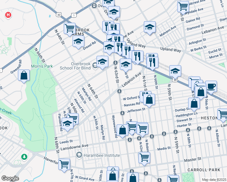 map of restaurants, bars, coffee shops, grocery stores, and more near 1819 Wynnewood Road in Philadelphia