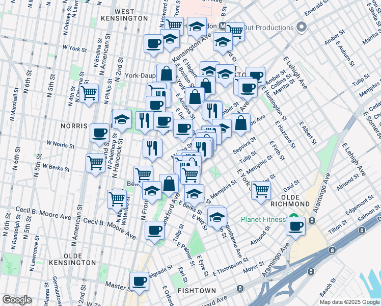 map of restaurants, bars, coffee shops, grocery stores, and more near 2131 East Susquehanna Avenue in Philadelphia