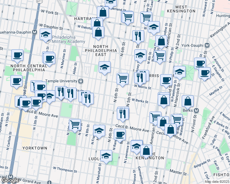map of restaurants, bars, coffee shops, grocery stores, and more near 1930 North Marshall Street in Philadelphia