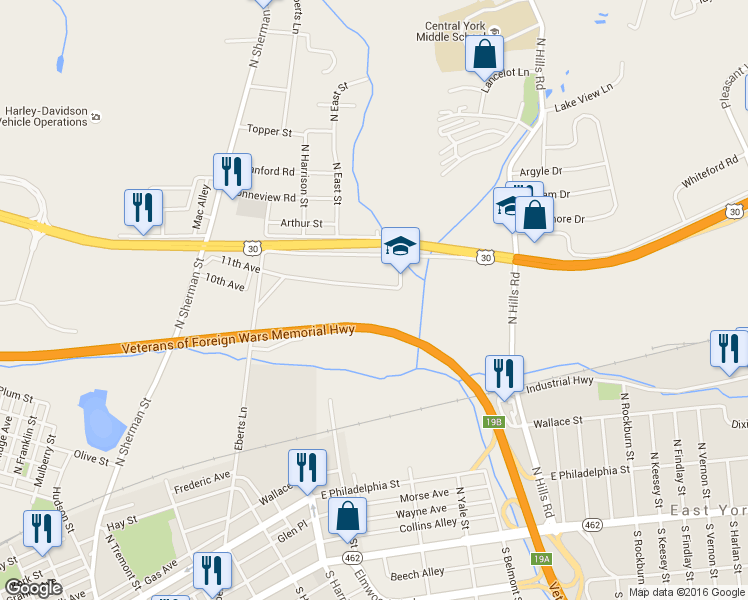 map of restaurants, bars, coffee shops, grocery stores, and more near 1530 11th Avenue in York