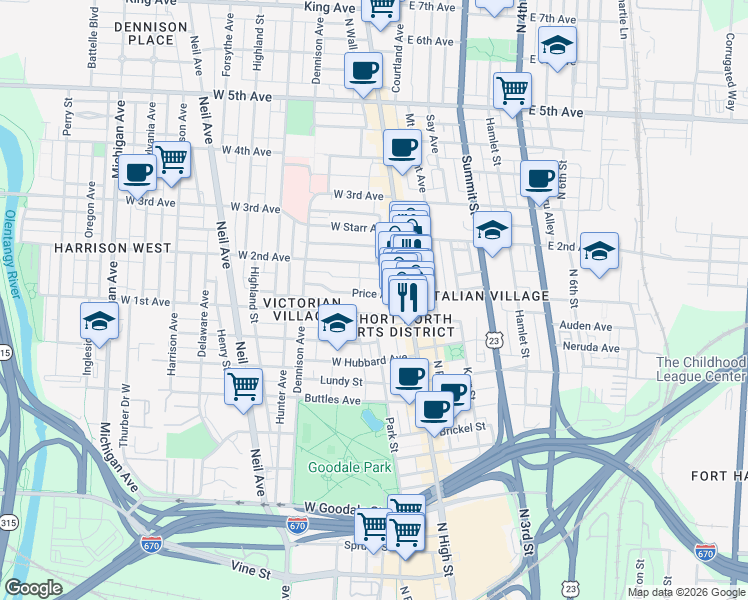 map of restaurants, bars, coffee shops, grocery stores, and more near 49 Price Avenue in Columbus