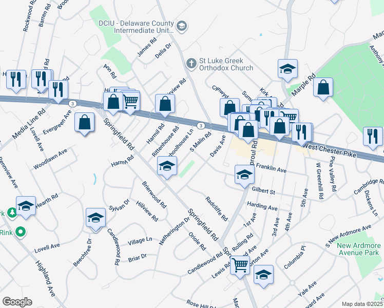 map of restaurants, bars, coffee shops, grocery stores, and more near 29 South Malin Road in Broomall