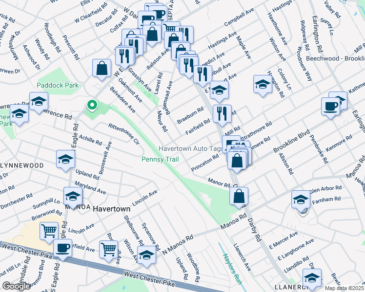 map of restaurants, bars, coffee shops, grocery stores, and more near 66 Harvard Road in Havertown