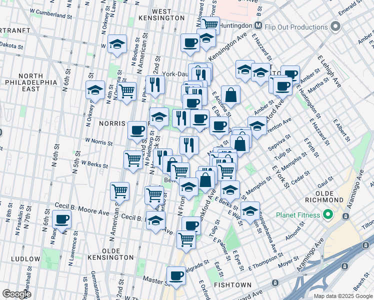 map of restaurants, bars, coffee shops, grocery stores, and more near 2111 North Howard Street in Philadelphia