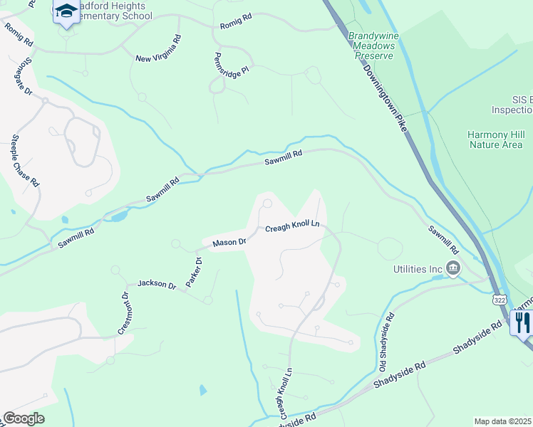 map of restaurants, bars, coffee shops, grocery stores, and more near 1102 Mason Drive in Downingtown