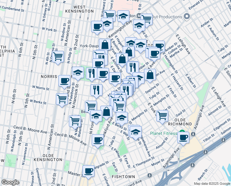 map of restaurants, bars, coffee shops, grocery stores, and more near 2122 East Susquehanna Avenue in Philadelphia