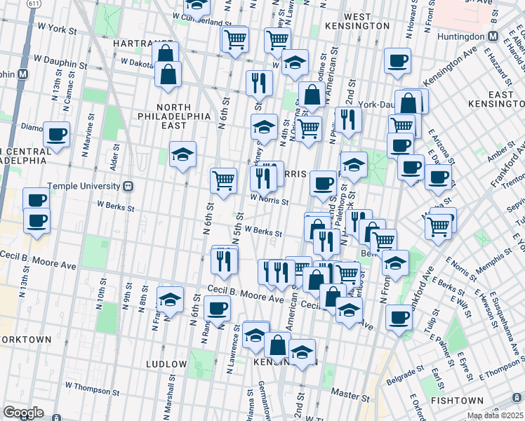 map of restaurants, bars, coffee shops, grocery stores, and more near 1932 North Leithgow Street in Philadelphia