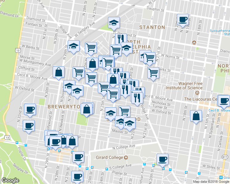 map of restaurants, bars, coffee shops, grocery stores, and more near 2400 Cecil B. Moore Avenue in Philadelphia
