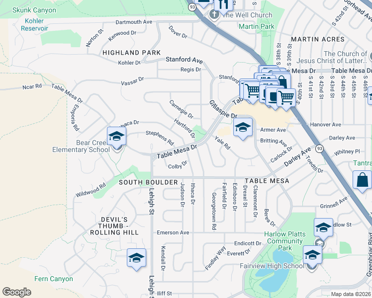 map of restaurants, bars, coffee shops, grocery stores, and more near Table Mesa Dr & Ithaca Dr in Boulder