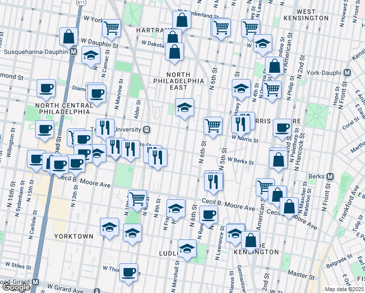 map of restaurants, bars, coffee shops, grocery stores, and more near 1910 North 7th Street in Philadelphia