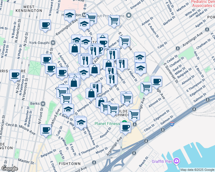 map of restaurants, bars, coffee shops, grocery stores, and more near 2312 East Cumberland Street in Philadelphia