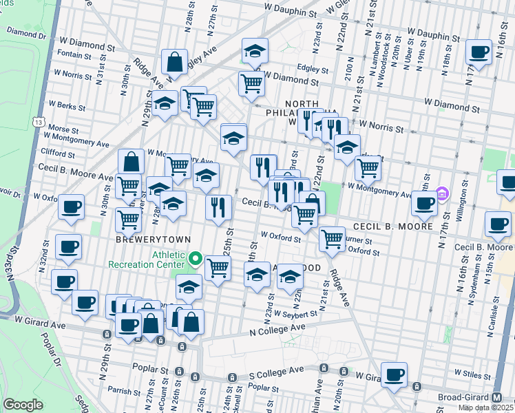 map of restaurants, bars, coffee shops, grocery stores, and more near 2400 Cecil B. Moore Avenue in Philadelphia
