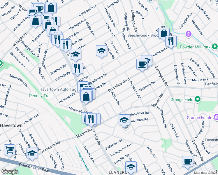 map of restaurants, bars, coffee shops, grocery stores, and more near 138 Brookline Boulevard in Havertown