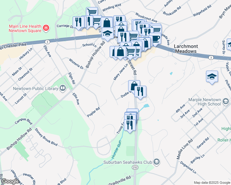 map of restaurants, bars, coffee shops, grocery stores, and more near 40 Mary Jane Lane in Newtown Square