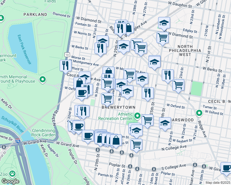 map of restaurants, bars, coffee shops, grocery stores, and more near 1608 North Newkirk Street in Philadelphia