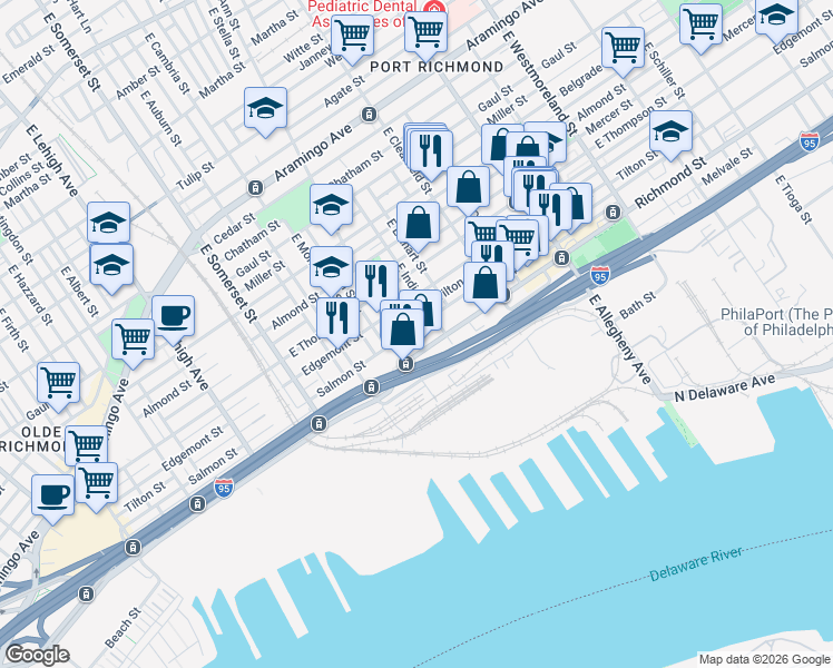 map of restaurants, bars, coffee shops, grocery stores, and more near 2728 East Indiana Avenue in Philadelphia