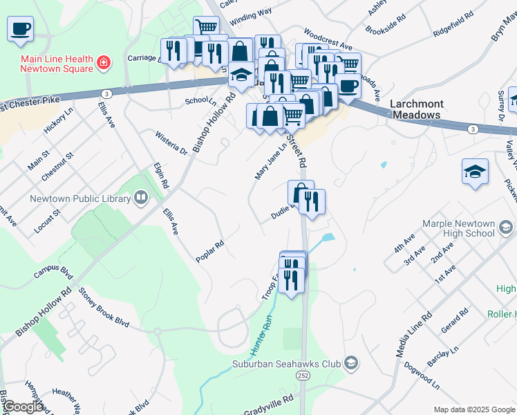 map of restaurants, bars, coffee shops, grocery stores, and more near 40 Mary Jane Lane in Newtown Square